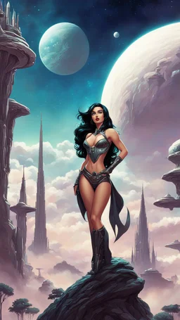 exotic sci-fi pin-up girl, with long dark hair, on an alien planet with cloud trees, tall spires and buildings