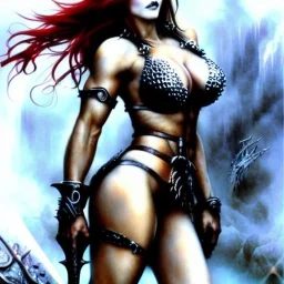 Epic full body picture portrait of busty atletic young beautiful Red Sonja Luis Royo styles