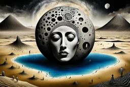 deep absurd nightmare, inner world and dynamics of the uncontrolled mind and soul, center lonely big portrait like one little island in the cold deep Sahara, a surreal cracked painted weird land. Whimsical style of Chagall meets the dark visions of Minjae Lee and Anton Semenov, lonely, sad lives and absurd beauty. The broken, weird inhabitants of this bizarre landscape, rendered in dark gray, purple, black colors, dark dunes, thick layers, impasto paint, background neuro web, surreal vibe