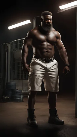 strong burly beefy nigerian mechanic 44 years old, curly hair, wet, short white beard, manly chest, hairy, shirtless in bulging dirty white boxer, big shoulders, tattoo, big calves, barefeet, angry, photorealistic, side light, inside a dark parking lot at night, side neon light, photoRealistic, side view from the ground