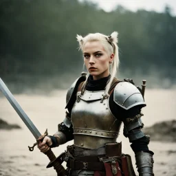 [very impressive high res masterpiece in Kodak Eastman 5247, scene by László Krasznahorkai] Tank Girl with a two handed sword and an armor.