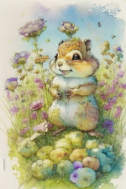 a cheerful cute furry fluffy chibi chipmunk holding a beautiful big raisin on the green field with flowers S<AI by Jean-Baptiste Monge, watercolor and ink, intricate details, fantasy, beautiful, award winning, colorful, fantastic view, crisp quality, in sunshine