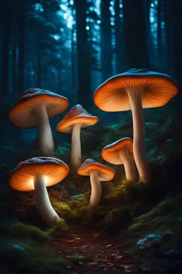 Gigantic luminescent glowing bright wild mushrooms in a dark enchanted forest