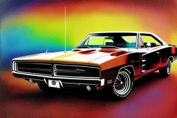 a true-to-life 1968 dodge charger, two-tone paintwork, classic hotrod wheels, detroit steel wheels, pen and color marker, centered, intricate, extreme detailed, photorealism, center view, stylized random background, pivot on dodge, painting by cheryl kelley