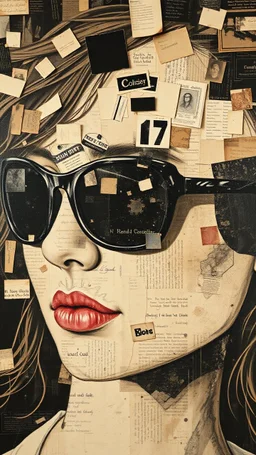 Bosch style painting , A face in details . The texture of the face is a collage of many peace’s of black and white and brown old pictures and newspapers parts sticks on the whloe girls face with black sunglasses in a collage style