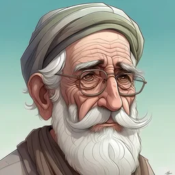 Draw a picture of a persian man in 2060 who is approximately 60 years old but not broken, and despite his age, he has well connected with technology and artificial intelligence.