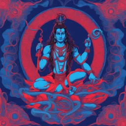 Shiva in mountain shambala neon red and blue with snake