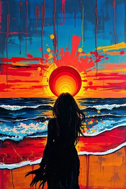 manipulasi torn abstrak a woman hold sun every element is created torn from splashed grunge palette knife applied dripping paint. The rising sun emerges in the sky, formed by vibrant glitching of red, yellow, sunset neon colours paint, blending together. The beach, ocean, and waves are all crafted from paint, with the waves lapping on the shore in flowing, fluid streaks. The scene appears almost 3D, giving a dynamic and textured impression of a sunrise over the ocean, with the bold