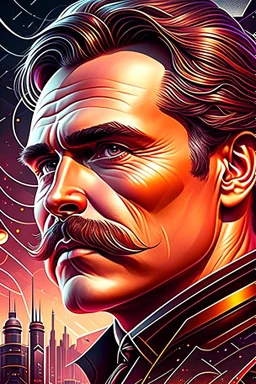 Best quality, masterpiece, ultra high definition,Futuristic, cyberpunk, Friedrich Nietzsche,Comic style