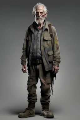 Zombie, full body, 60 years old, looking serious, in a comic book, post-apocalypse, gray background,