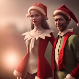 two elves. woman and man. Christmas scene. photorealistic. low-key