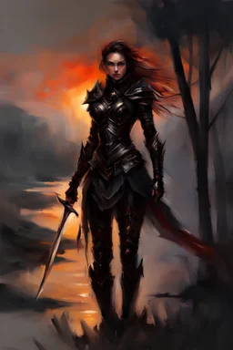 A formidable warrior girl in black armor, on the background Amazing gloomy landscape, flooded with sunset, mountains, trees, fabulous scary hero, , juicy emotions, painting, dark fantasy, gloomy day, dark world, portrait, by Anna Razumovskaya