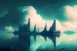 city, sci-fi, lake, ships, clouds, john foxx influence