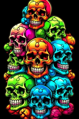 a stack of nearly anatomically correct cartoonish skulls, vivid colors, dark comedy, well lit, high detail,