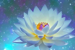 AME FLEUR DE LOTUS GLAMOUR TOUTE BLANCHE CRISTALLINE DANS UN UNIVERS BLEU ETOILES SCINTILLANTS DE RETOUR ETOILE A HUIT BRANCHES VEGA