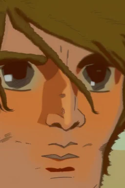 Redraw the cartoon character and fix the image resolution His hair is brown and long, but messy. His lips are closed, showing his bravery. His eyes are lined, showing his determination. He has shadows under his eyes, showing his stress and convert the drawing view 3D panel style digital Painting detailed with a panoramic scene Ultra-wide angle Highly realistic precise details Detailed
