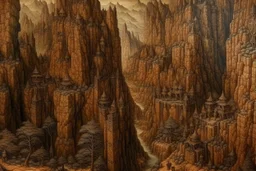 A brown canyon with cannons designed in medieval tapestry painted by Zhang Lu