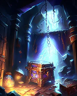 lightning dungeon chamber interior with treasure chests fantasy rpg art painterly