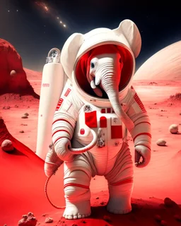 2d anthropomorphic elephant in a white and red astronaut suit on Mars