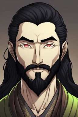 Light skinned korean male elf with black straight hair and a beard veard who is also blind in one eye with dark grey eyes