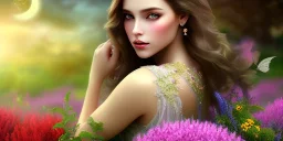 bright fairy, beautiful portrait, flowery landscape