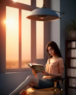 Beautiful, thin young woman, Arab home clothes, wavy hair, sitting on an office chair, reading a novel, next to a window, outside the window is sunset , 8k, finely detailed, photo realistic.