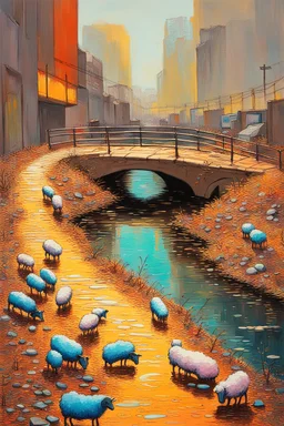 painting of a cyberpunk colourful natural walkway rubbish on the street in the city with pollution and a small bridge by a creek with electric sheep and androids by monet