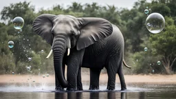 watce, a elephant made out of water is standing in the water with bubbles