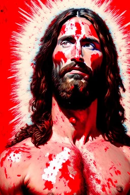 "Beefcake Jesus" depicts a satirical portrait of Jesus that has had red paint splattered on it by Fundamentalist protestors