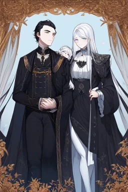 A beautiful young woman with long white hair and blue eyes, pale skin with opal freckles. Wearing a black dress. A man with long black hair in a Victorian suit. Couple.