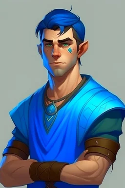 teen handsome half orc with blue clothing