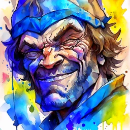 dnd, fantasy, watercolour, large strokes, stylistic, portrait, illustration, dull colours, male, face, sturdy wide face, weathered face, sly, violent, evil, smiling