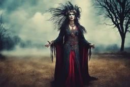 Conceptual surreal and otherworldly, full body portrait photograph of a traditionally dressed Romanian Gypsy Vampire Sorceress , with highly detailed hair and facial features in the photographic style of Jerry Uelsmann, sharply focused, cross processed color image using color slide film with C-41 color negative chemicals, with fine ink overlays, 8k, cinematic horror atmosphere