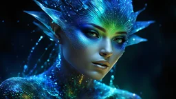 an extraterrestrial species whose defining characteristic: bioluminescent skin. Her body and skin shimmers with colors that defy human understanding, a living, breathing canvas of cosmic art., Broken Glass effect, no background, stunning, something that even doesn't exist, mythical being, energy, molecular, textures, iridescent and luminescent scales, breathtaking beauty, pure perfection, divine presence, unforgettable, impressive, breathtaking beauty, Volumetric light, auras, rays, vivid colors
