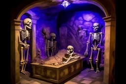 A violet crypt with bones and zombies painted by Leonardo da Vinci