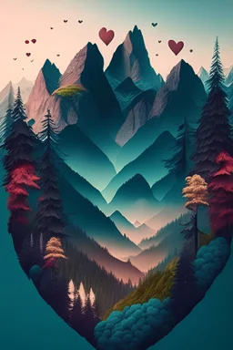 mountains and forests with hearts