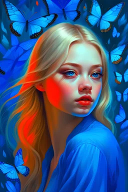 Butterfly effect in digital painting, blonde, azure, in the style of psychological portraits, anton fadeev, caras ionut, organic and flowing forms, blink - and - you - miss - it detail, scattered composition, serene faces
