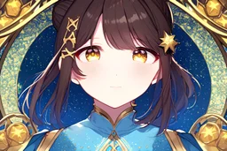 A beautifully detailed digital portrait of one women with a dreamy demeanour, featuring dark brown hair in a bun with stars as hair clips, sparkly golden eyes, The women is wearing a detailed yellow and light blue dress of delicate fabric and soft colours, adorned with patterns and accessories. close-up. light blue, white, starry night sky, linen