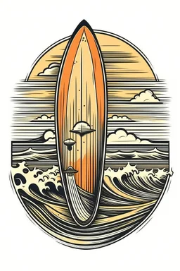 A surfboard with waves in the background, vintage, adventurous, golden hour lighting, T-shirt design graphic, vector, contour, white background