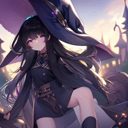 Clear focus,High resolution, black long fluffy hair, long fluffy bangs, purple eyes, wearing a witch outfit, wearing a short skirt