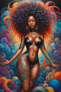 Create a futurism oil painting image of a curvy black female and tattoo on her legs while she bends down holding her large colorful mane of curly large afro. Prominent makeup with lush lashes. Her hair is highly detailed,her hair covers her body and all her curls are colorful. She wears no shoes and her skin glows