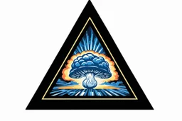 a blue nuclear explosion mushroom cloud behind an omega like shape, inside an equilateral triangle, radiant lines, vector logo