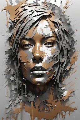 PAPERCUT style portrait multi layered metalics and rough texture paint splashes and streaks and blotches industrial