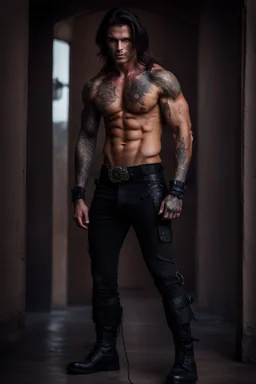 Handsome muscular male, Dark brown eyes, Long chocolate brown hair, bare chest covered in tattoos and scars. wearing black combat trousers and heavy boots, hyperrealistic, 4k, dark fantasy, large house in the background