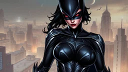 A fierce and mysterious bat woman with piercing red eyes, clad in a sleek black suit with intricate silver detailing, standing atop a Gotham City rooftop, ready to defend the innocent.