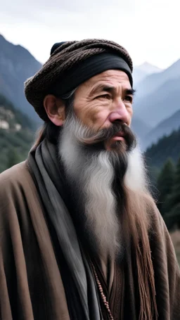 一位留着长胡子的老爷爷、他身上穿着破烂的衣服,戴着旧头巾,一脸无奈的盯着我,模糊的背景是大山,中国传统