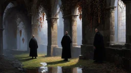 Medieval ruined cloister, Gothic arches covered with wild vines with dried blood-colored leaves, ripe grapes hanging over ancient stones, solitary monks in worn habits wandering between moldy columns, twilight light passing through broken stained-glass windows, puddles reflecting the gray sky, atmosphere of romantic decadence, contemporary Gothic painting style