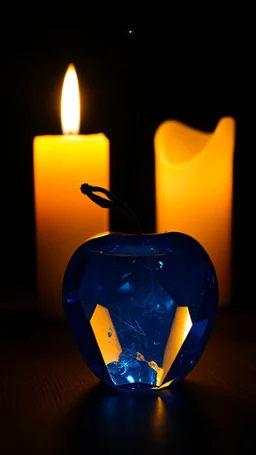 Chrystal Apple in front of a candle at night, a bluer view of the candle behind the apple , a tiny star on the dark background behind