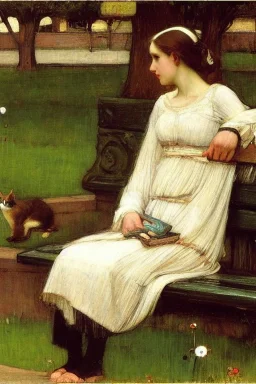 Woman and cat sitting on a park bench. John William Waterhouse