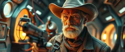 gritty air brush 3d with pen outline,seasoned handsome gunslinger western fluffy elder edgy hero with slightly glowing eyes and nudged skin in front of glistening space lobster dog, shallow depth of field, warm lantern, pin hole cam in doll house space ship, bottom floor board edge border